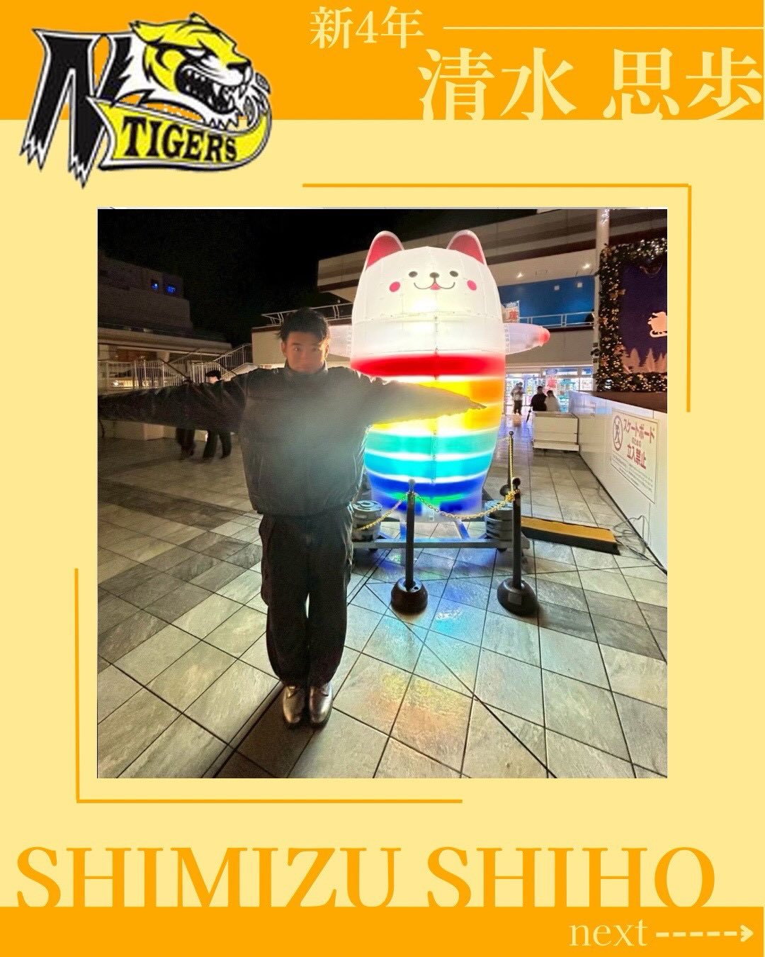 【TIGERS 2026 部員紹介】

新4年選手編②

副主将 清水思歩

自分を表す3つのワード
️自称クールキャラ
️おたちゅう毒
️佐川自由参加ニキ

・出身：山形県
・MBTI：ESTP
・高校部活：水泳
・学部・学年：経済科学部・4年
・ポジション：QB
・入部理由：新しいことに挑戦したかった。
・入部してよかったこと：大学生活が充実した。
・好きな曲:初恋サイダー
・アルバイト：JOY FIT、佐川急便

新入生へのメッセージ
→今年僕のポジション1人しかいなくて寂しいから誰か一緒にやろ