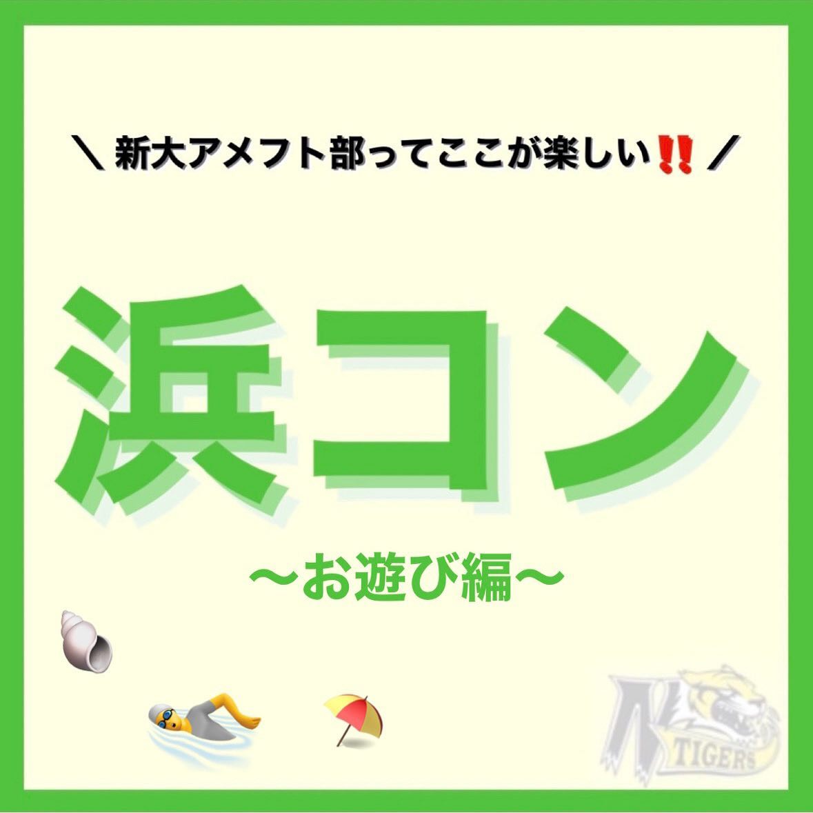 【新大アメフト部ってここが楽しい️】

新大アメフト部は楽しいことが数え切れないほどたくさん！その中のいくつかをご紹介?

第3回は「浜コン（お遊び編）」です??

レクリエーション・砂浜ダッシュ後は海で思う存分遊べる、とっても楽しいイベントです
同期だけでなく、優しくて面白くてかっこいい先輩たちと仲良くなれるのも、TIGERSの魅力のひとつです️‍